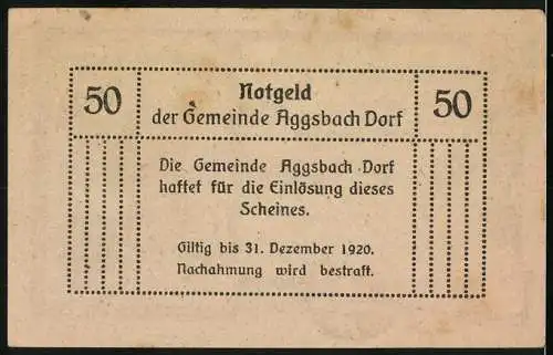 Notgeld Aggsbach Dorf 1920, 50 Heller, Ruine Aggstein, Wappen der Gemeinde