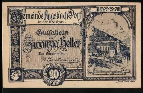 Notgeld Aggsbach Dorf 1920, 20 Heller, Burgruine Aggstein und dekoratives Muster