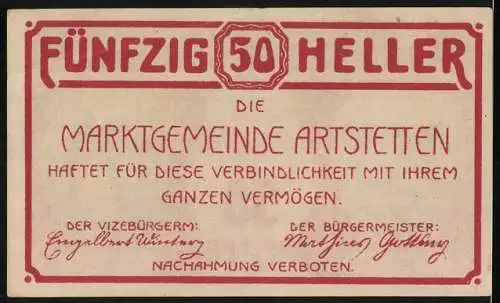 Notgeld Artstetten 1920, 50 Heller, Burgtor und Schlossansicht, gültig bis 31. Dezember 1920