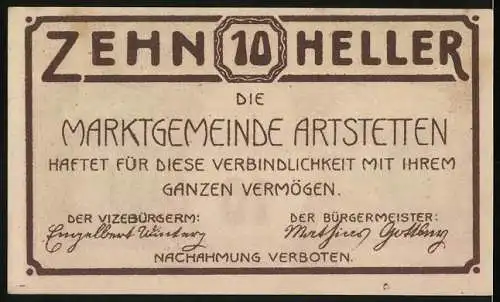 Notgeld Artstetten 1920, 10 Heller, Schlossansicht und Torbogenmuster