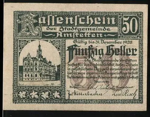 Notgeld Amstetten 1920, 50 Heller, Rathaus und Stadtwappen mit Löwe und Krone