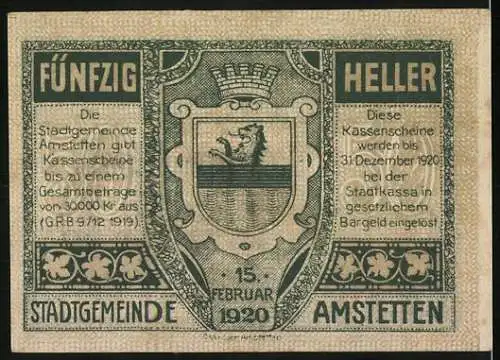 Notgeld Amstetten 1920, 50 Heller, Rathaus und Stadtwappen mit Löwe und Krone