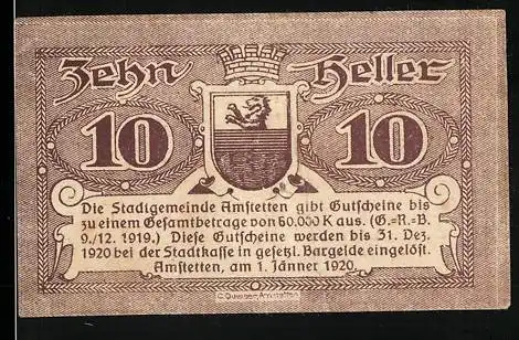 Notgeld Amstetten 1920, 10 Heller, Wappen der Stadtgemeinde Amstetten, Gutscheintext