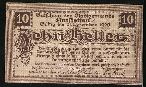 Notgeld Amstetten 1920, 10 Heller, Wappen der Stadtgemeinde Amstetten, Gutscheintext