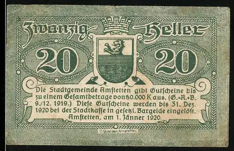 Notgeld Amstetten 1920, 20 Heller, Löwenwappen und dekorative Schriftzüge