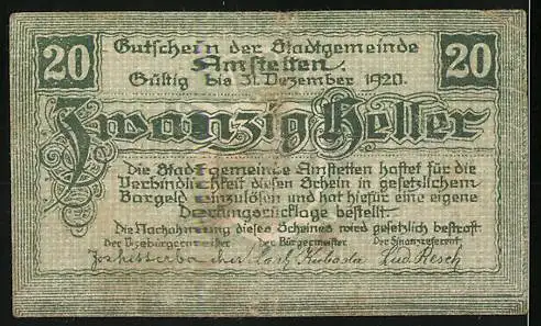 Notgeld Amstetten 1920, 20 Heller, Löwenwappen und dekorative Schriftzüge