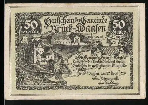 Notgeld Bruck-Waasen 1920, 50 Heller, Stadtansicht und Schriftzug, Seriennummer, Wappen, Bürgermeisterunterschrift