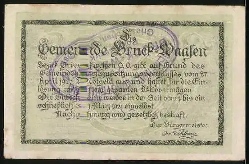 Notgeld Bruck-Waasen 1920, 50 Heller, Stadtansicht und Schriftzug, Seriennummer, Wappen, Bürgermeisterunterschrift