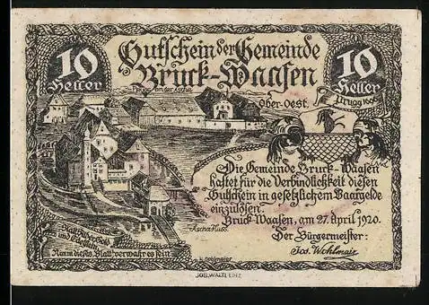 Notgeld Bruck-Waasen 1920, 10 Heller, Dorfansicht und Erlassschrift