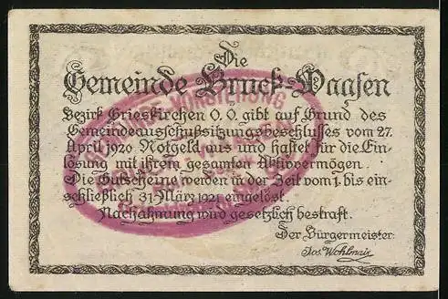 Notgeld Bruck-Waasen 1920, 10 Heller, Dorfansicht und Erlassschrift