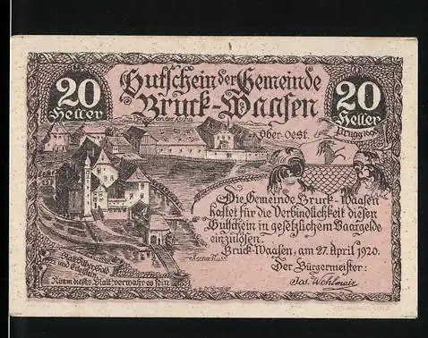 Notgeld Bruck-Waasen 1920, 20 Heller, Stadtansicht und Textmotiv