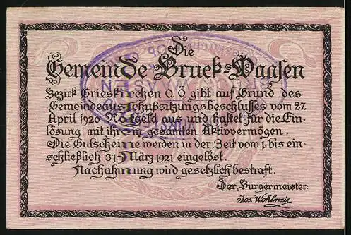 Notgeld Bruck-Waasen 1920, 20 Heller, Stadtansicht und Textmotiv