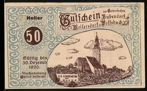 Notgeld Bubendorf-Meilersdorf-Wolfsbach 1920, 50 Heller, Kirche und Ritterdarstellung