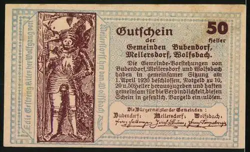 Notgeld Bubendorf-Meilersdorf-Wolfsbach 1920, 50 Heller, Kirche und Ritterdarstellung