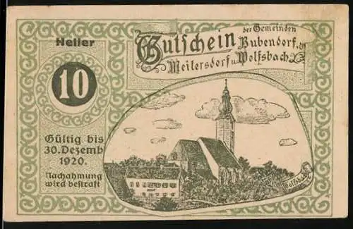 Notgeld Bubendorf, Meilersdorf, Wolfsbach 1920, 10 Heller, Kirche und Ritter in Rüstung