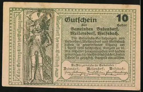 Notgeld Bubendorf, Meilersdorf, Wolfsbach 1920, 10 Heller, Kirche und Ritter in Rüstung