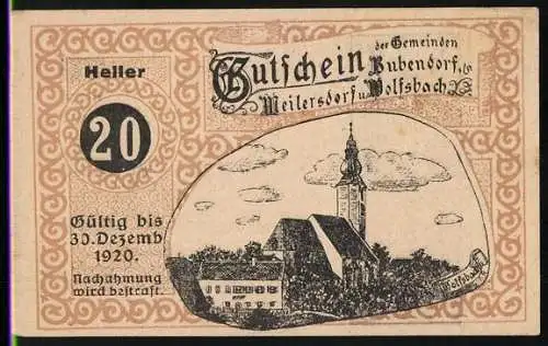 Notgeld Bubendorf-Meilersdorf-Wolfsbach 1920, 20 Heller, Kirche und Ritter in Rüstung