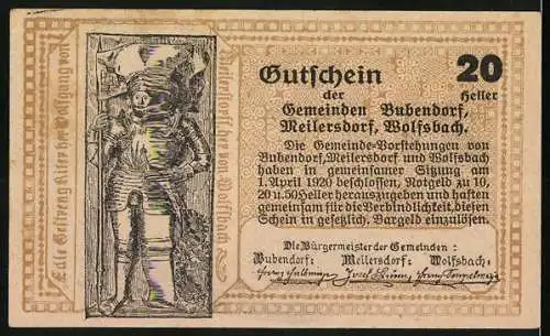 Notgeld Bubendorf-Meilersdorf-Wolfsbach 1920, 20 Heller, Kirche und Ritter in Rüstung