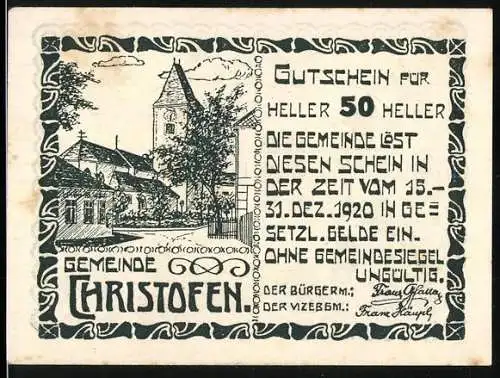 Notgeld Christofen 1920, 50 Heller, Dorfansicht und Eichenlaub, Gemeindesiegel