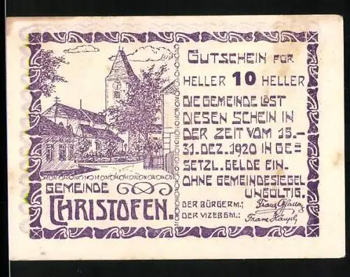 Notgeld Christofen 1920, 10 Heller, Kirche und Rathaus, Eichenlaub-Motiv, Gemeindesiegel