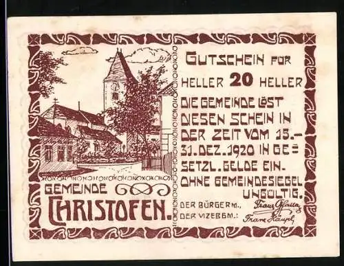 Notgeld Christofen 1920, 20 Heller, Kirche und Eichenlaubmotiv mit Gemeindesiegel