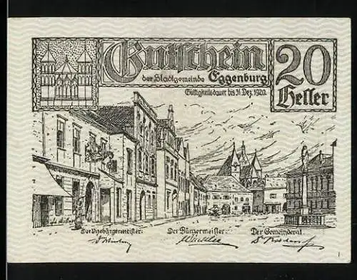 Notgeld Eggenburg 1920, 20 Heller, Stadtansicht und Stadtsiegel mit Inschriften