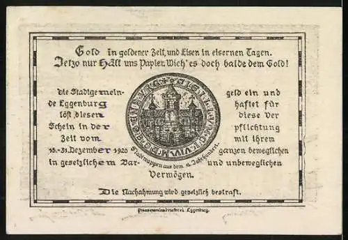 Notgeld Eggenburg 1920, 20 Heller, Stadtansicht und Stadtsiegel mit Inschriften