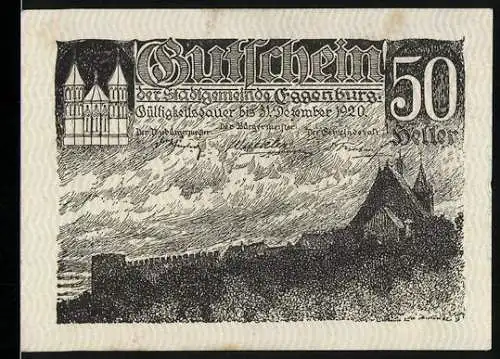 Notgeld Eggenburg 1920, 50 Heller, Stadtansicht mit Burgtürmen und Stadtmauer, Stadtwappen