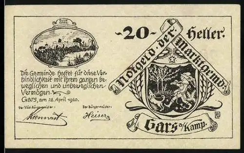 Notgeld Gars 1920, 20 Heller, Wappen und Schlossansicht