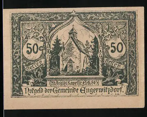 Notgeld Engerwitzdorf 1920, 50 Heller, Kapelle mit floralen Verzierungen