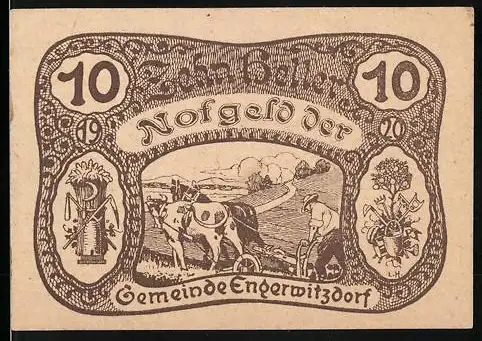 Notgeld Engerwitzdorf 1920, 10 Heller, Pflügender Bauer mit Landschaftsmotiv