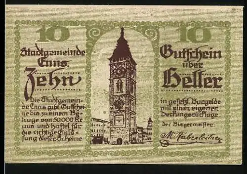 Notgeld Enns 1920, 10 Heller, Stadtturm und Wappen mit Drache