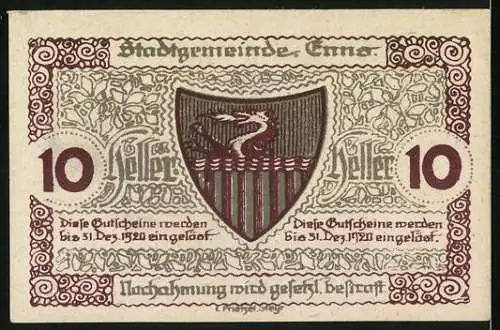 Notgeld Enns 1920, 10 Heller, Stadtturm und Wappen mit Drache