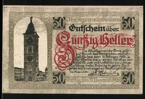 Notgeld Enns 1920, 50 Heller, Stadtturm und Wappen mit Drache