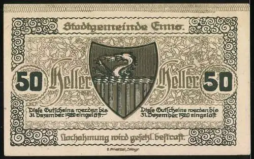 Notgeld Enns 1920, 50 Heller, Stadtturm und Wappen mit Drache