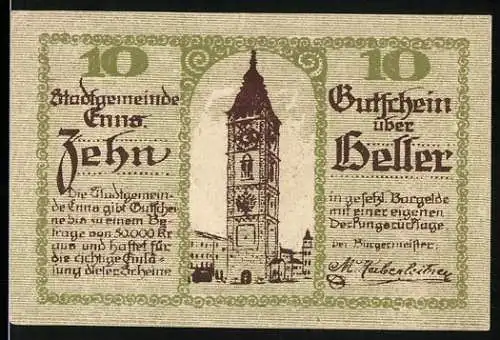 Notgeld Enns 1920, 10 Heller, Stadtturm und Wappen mit Drache