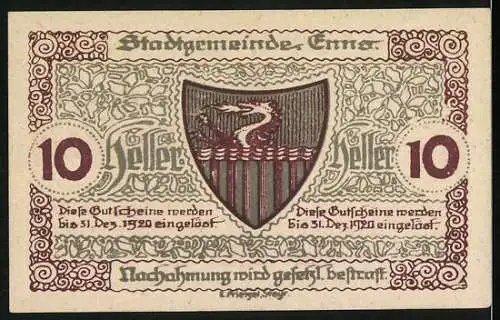 Notgeld Enns 1920, 10 Heller, Stadtturm und Wappen mit Drache