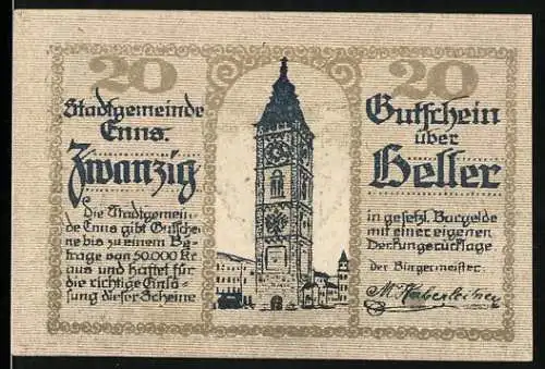 Notgeld Enns 1920, 20 Heller, Stadtturm und Wappen mit Drache