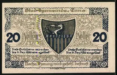 Notgeld Enns 1920, 20 Heller, Stadtturm und Wappen mit Drache