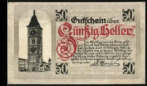 Notgeld Enns 1920, 50 Heller, Stadtturm und Wappen mit Drache