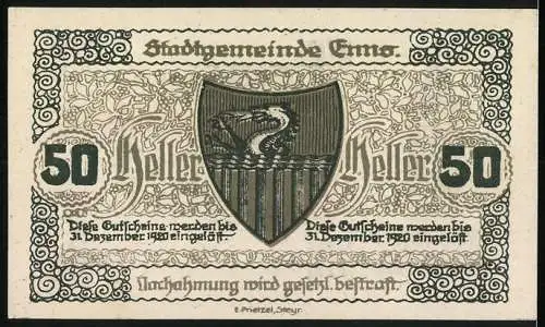 Notgeld Enns 1920, 50 Heller, Stadtturm und Wappen mit Drache