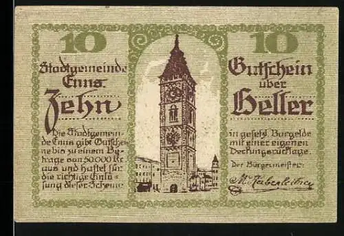 Notgeld Enns 1920, 10 Heller, Stadtturm und Wappen von Enns