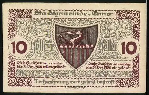 Notgeld Enns 1920, 10 Heller, Stadtturm und Wappen von Enns