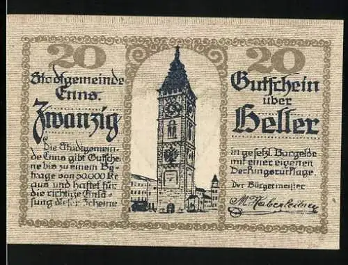 Notgeld Enns 1920, 20 Heller, mit Stadtturm und Wappen der Stadt Enns