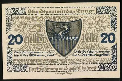 Notgeld Enns 1920, 20 Heller, mit Stadtturm und Wappen der Stadt Enns