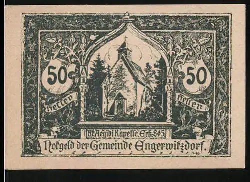 Notgeld Engerwitzdorf 1920, 50 Heller, Aegidiuskapelle-Motiv, Unterschriften und Ausgabedatum