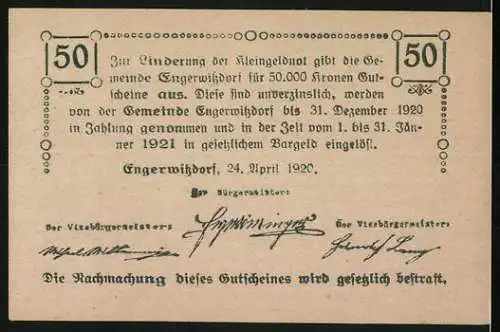 Notgeld Engerwitzdorf 1920, 50 Heller, Aegidiuskapelle-Motiv, Unterschriften und Ausgabedatum