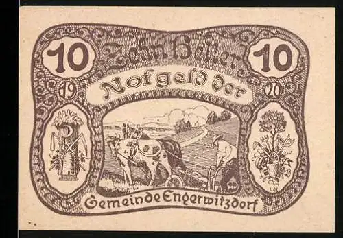 Notgeld Engerwitzdorf 1920, 10 Heller, ländliche Szene mit Kühen und Landschaft