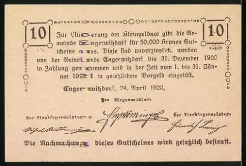 Notgeld Engerwitzdorf 1920, 10 Heller, ländliche Szene mit Kühen und Landschaft