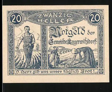 Notgeld Engerwitzdorf 1920, 20 Heller, Bauer bei der Feldarbeit, Bibelzitat Unser täglich Brot